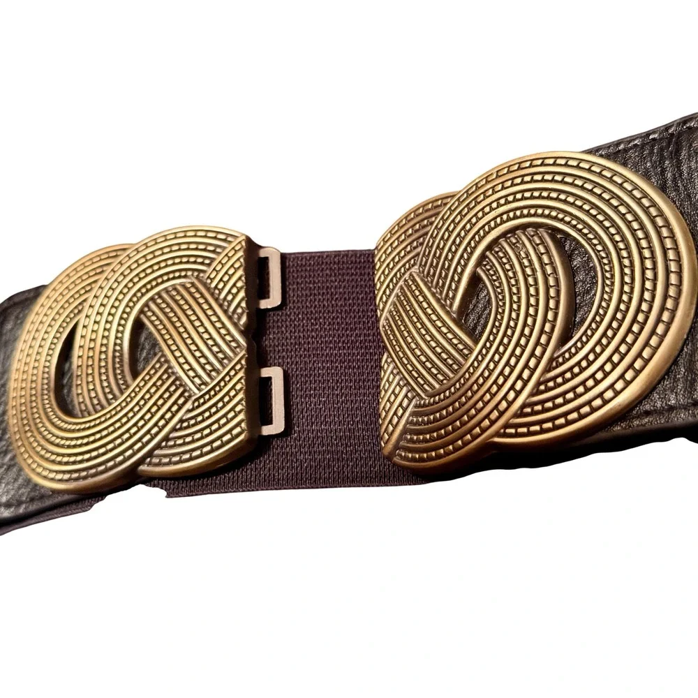 Womens Wide Elastic‎ Cinch Belt Antique Gold Infinity Knot Buckle Brown Boho XL